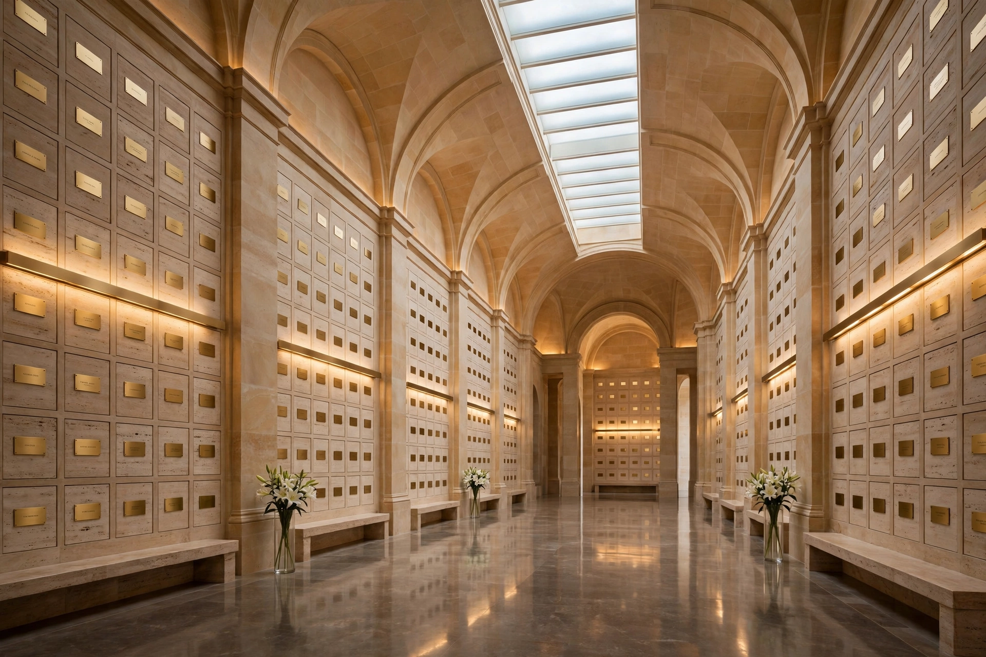 A grand virtual columbarium hall — vaulted stone ceilings, warm golden light and walls of brass-plated memorial niches