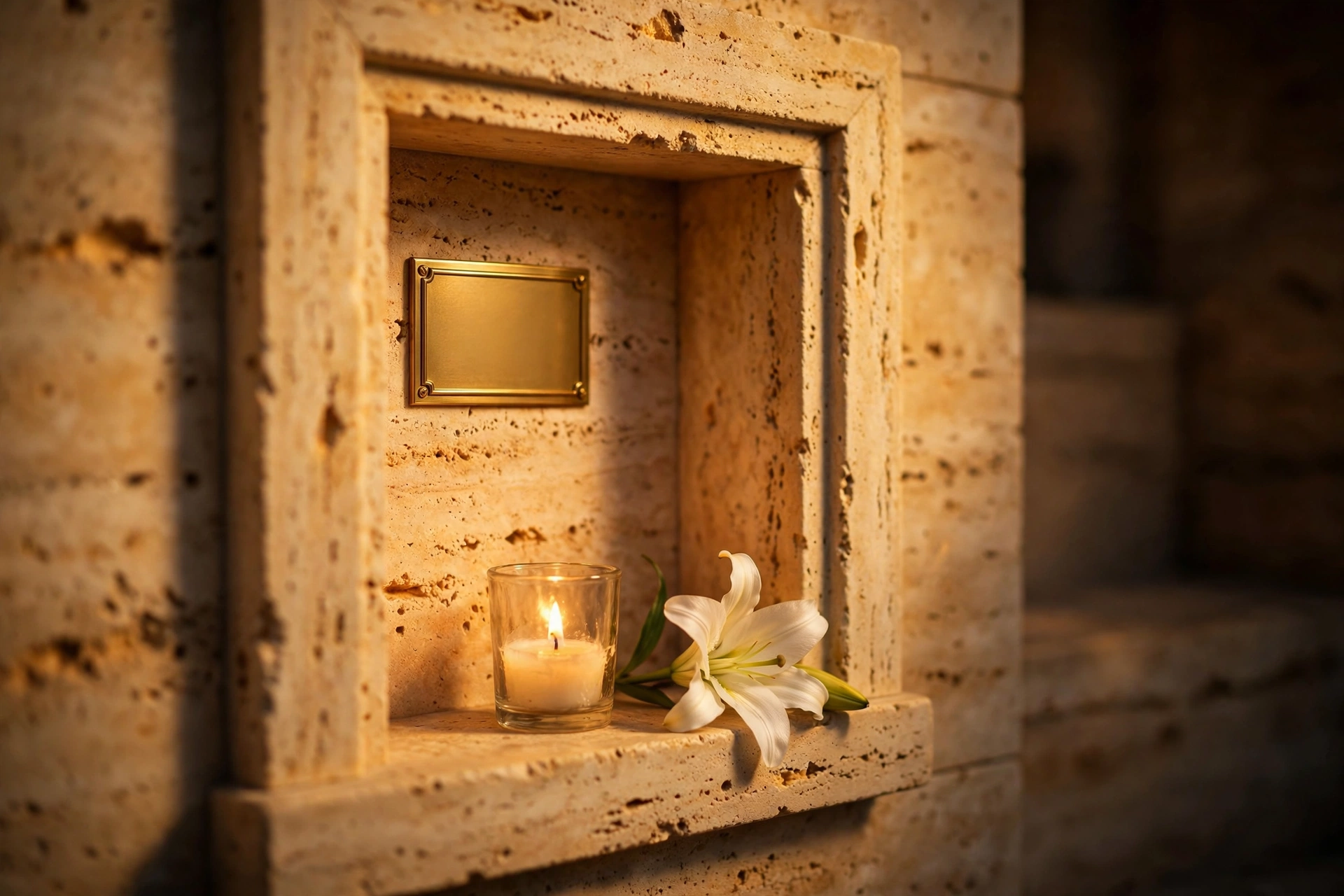 Close-up of a single virtual niche — a travertine alcove with a brass name plate, a lit candle and a white lily